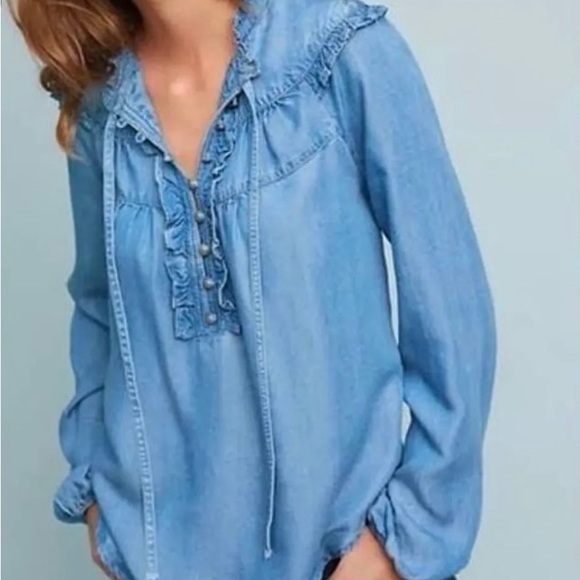 Anthropologie Maeve Chambray Ruffle Long Sleeve Top - Picture 1 of 5